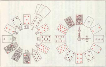 В четырех кругах разложено 7 карт. Карты разложенные по кругу. "Двадцать четыре основные пасьянса с двадцатью таблицами". Карточки разложены по кругу. Игра где карты раскладываются по кругу.