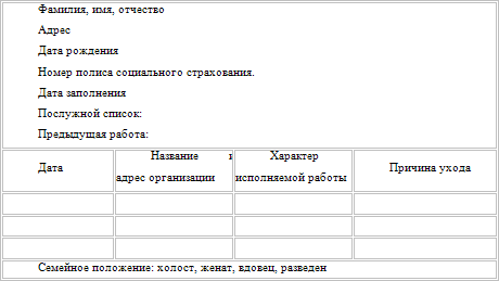 Анкета для официанта при приеме на работу образец