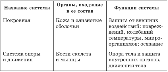 Таблица строение и функции систем органов животных. Таблица строение и функции систем органов животных